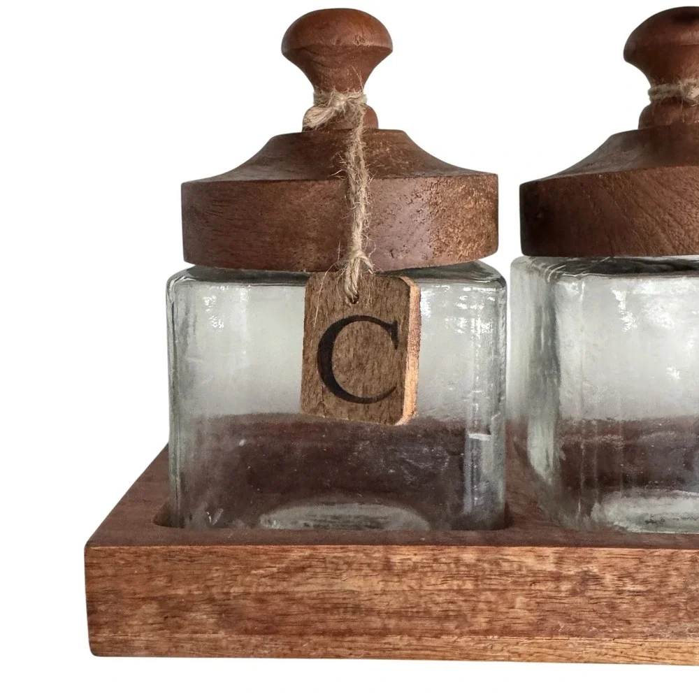 Rustic Glass Kitchen Canister Set 3 Coffee Sugar Tea Wood Lids & Tray India
